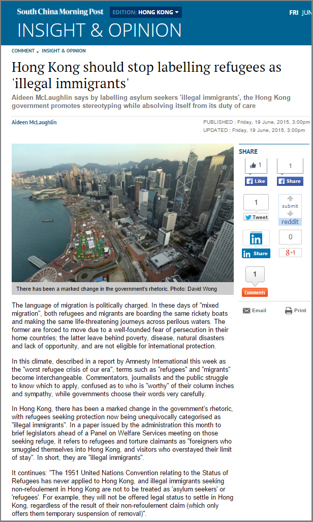 SCMP - Hong Kong should stop labelling refugees as 'illegal immigrants'