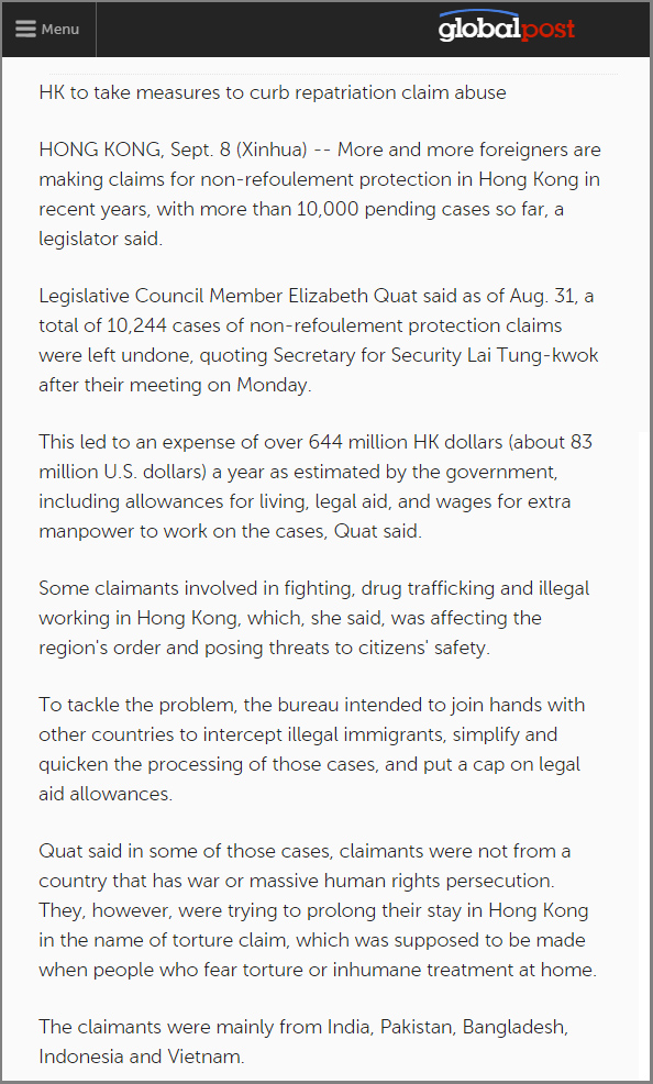 Global Post - HK to take measures to curb repatriation claim abuse