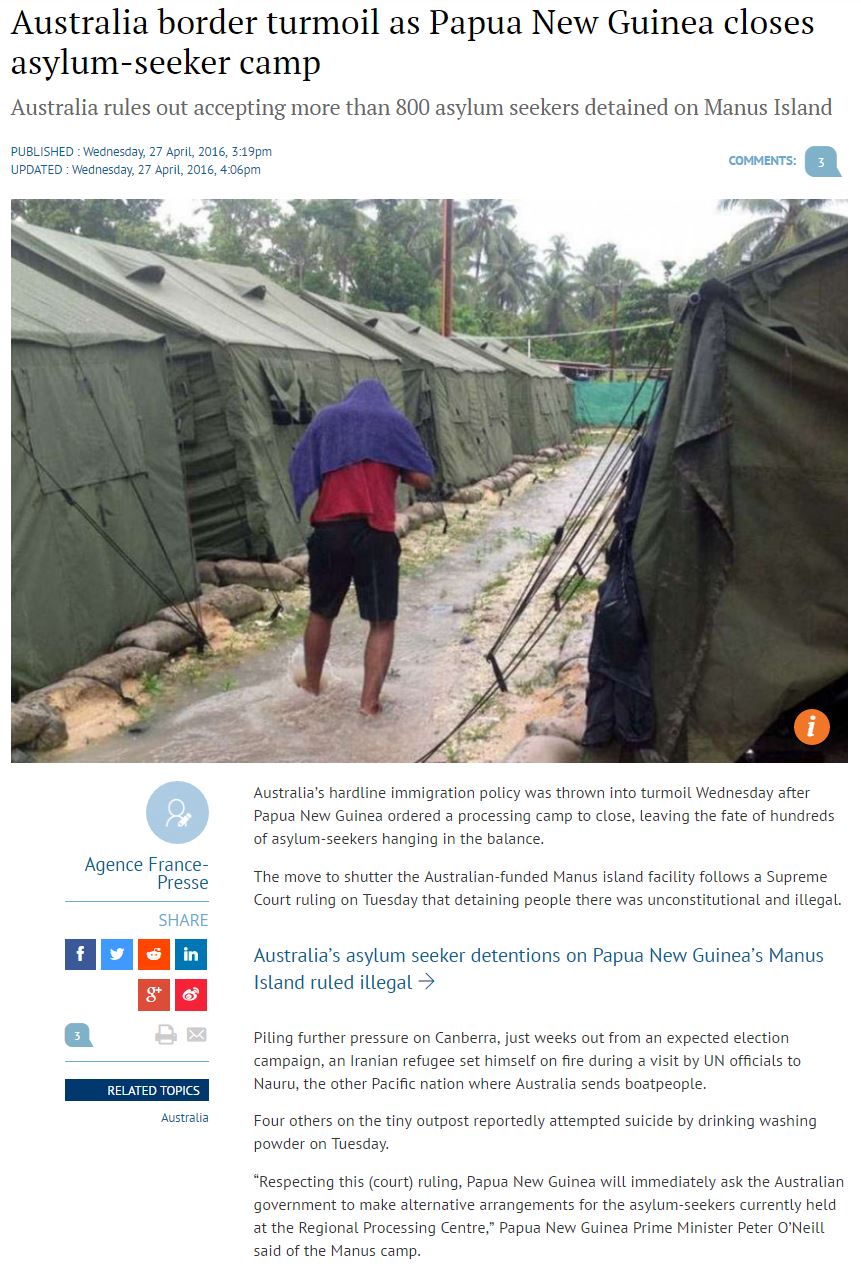 SCMP - Australia border turmoil as Papua New Guinea closes asylum-seeker camp