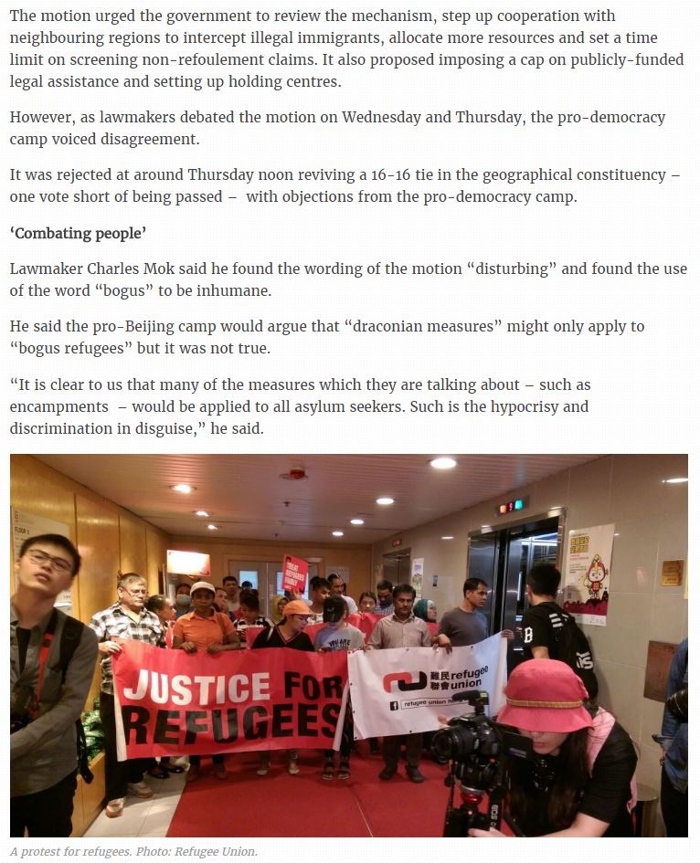 HKFP - Legislature rejects lawmaker’s non-binding motion to combat ‘bogus’ refugees - 2Dec2016