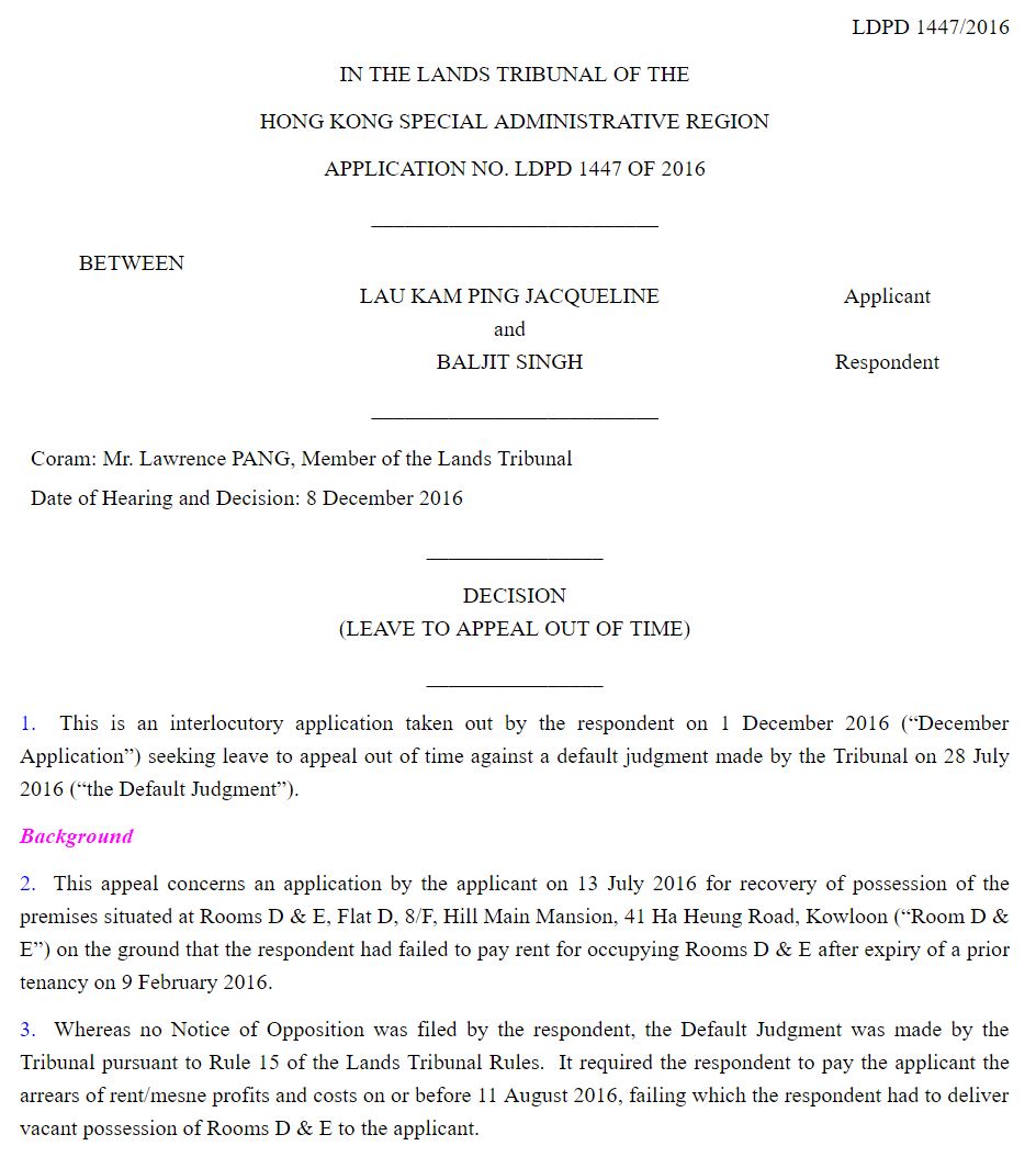Land Tribunal judgement LDPD 1447-2016
