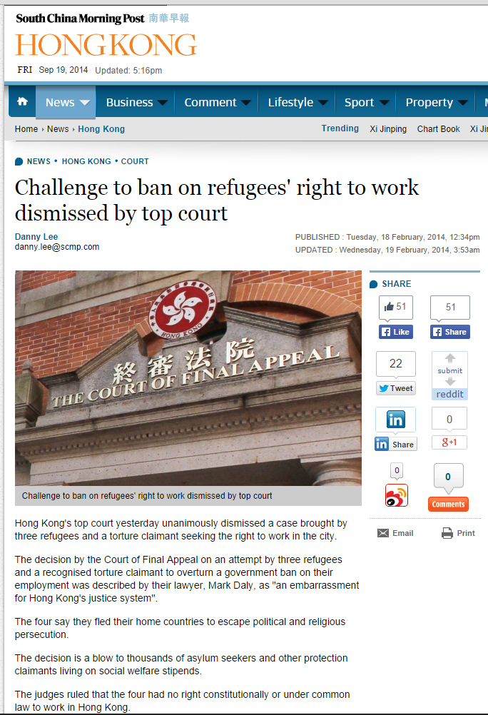 SCMP - Challenge to ban on refugees' right to work dismissed by top court