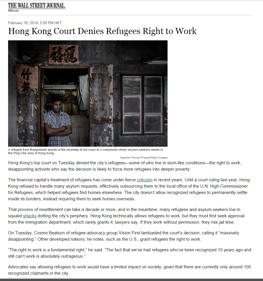Wall Street Journal - Hong Kong court denies refugees right to work