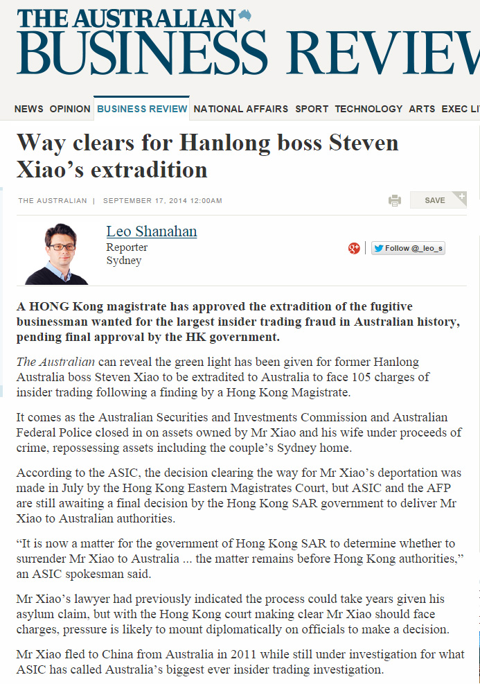 The Australian - Way clears for Hanlong boss' extradition