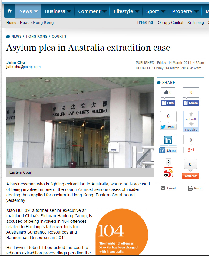 SCMP - Asylum plea in Australia extradition case