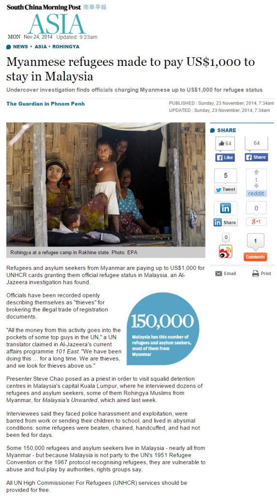 SCMP - Myanmese refugees pay UNHCR for status