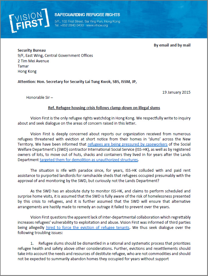 Letter to Security Bureau on slum crisis - 19Jan2014