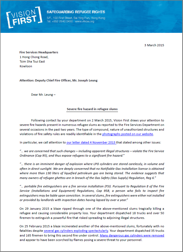Open letter to FSD on fire hazard in refugee slums - 3Mar2015
