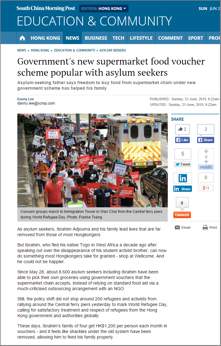 SCMP - Government's new supermarket food voucher scheme popular with asylum seekers (21Jun2015)