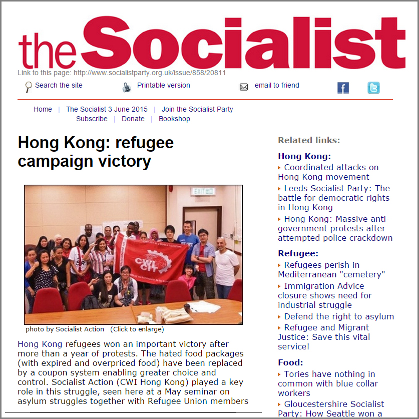 The Socialist - Hong Kong refugee campaign victory