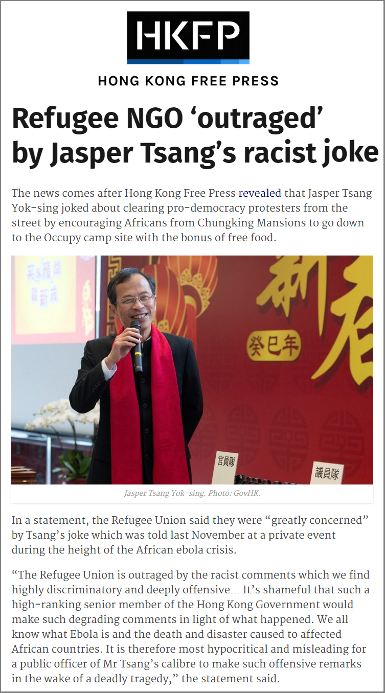 HKFP - Refugee Union outraged by Jasper Tsang's racists joke
