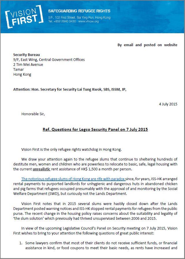 Letter to Security Bureau on Legco Security Panel - 4Jul2015