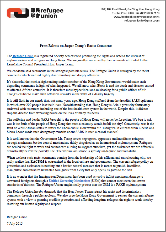 RU Press Release on Tsang's racist comments