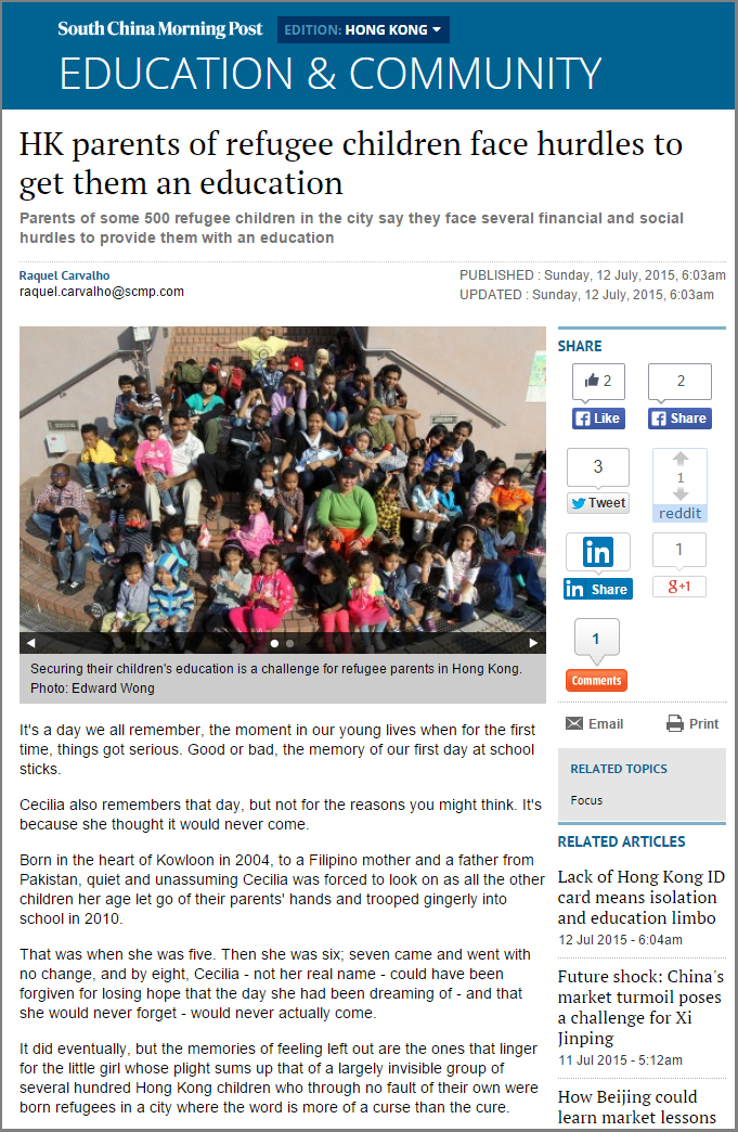 SCMP - HK parents of refugee children face hurdles to get them an education (12Jul2015)
