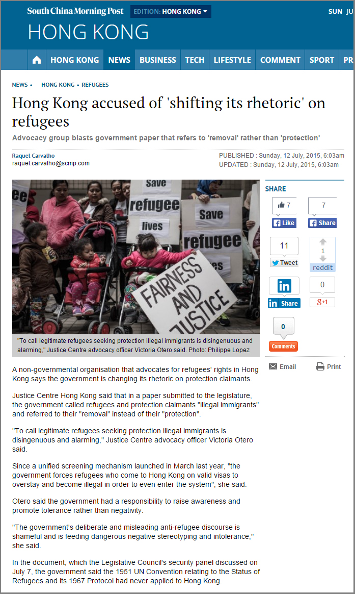 SCMP - Hong Kong accused of shifting its rhetoric on refugees