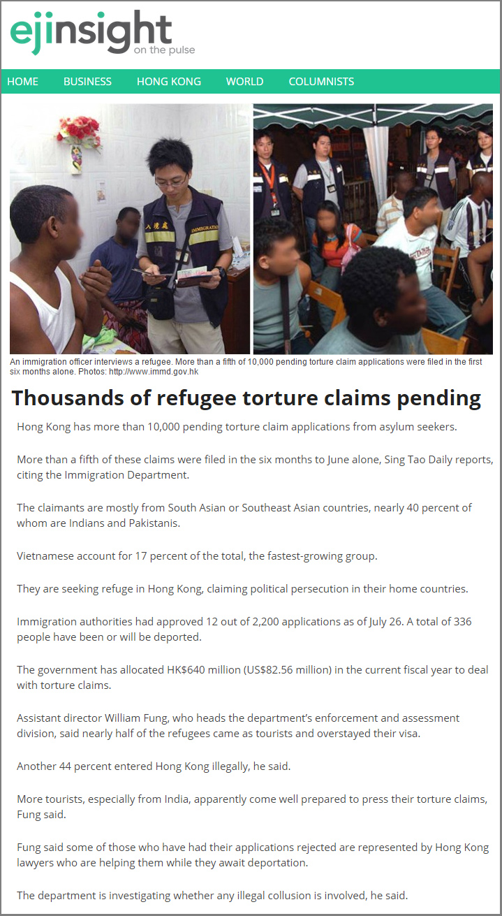 EJInsight - Thousands of refugee torture claims pending