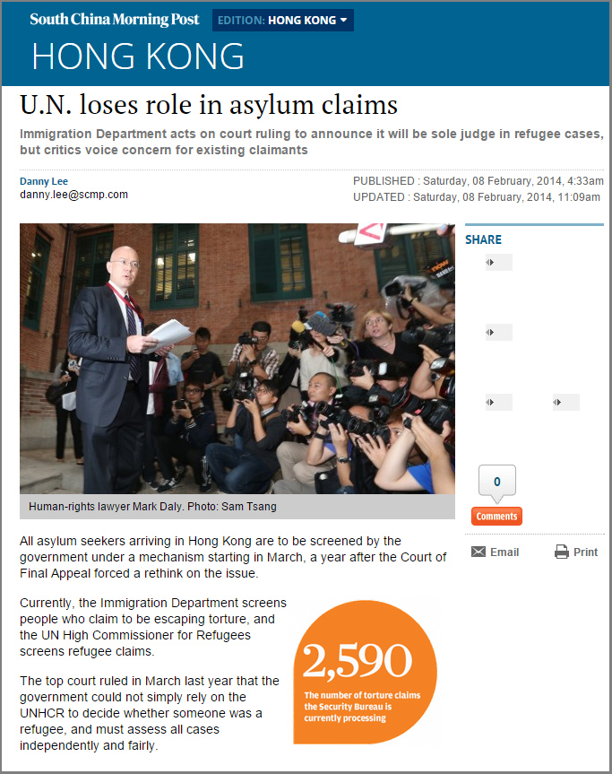 SCMP - UN loses role in asylum claims - 8Feb2014