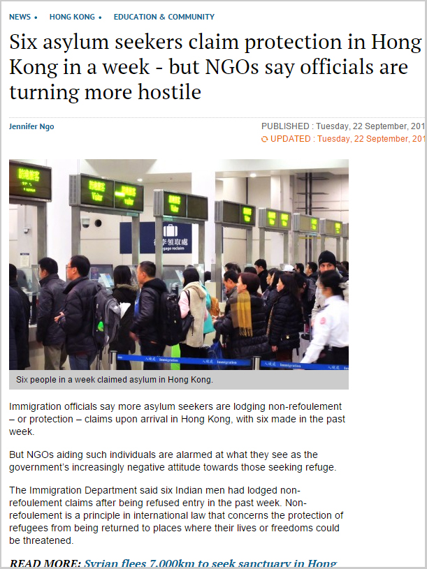 SCMP - Six asylum seekers claim protection in Hong Kong in a week