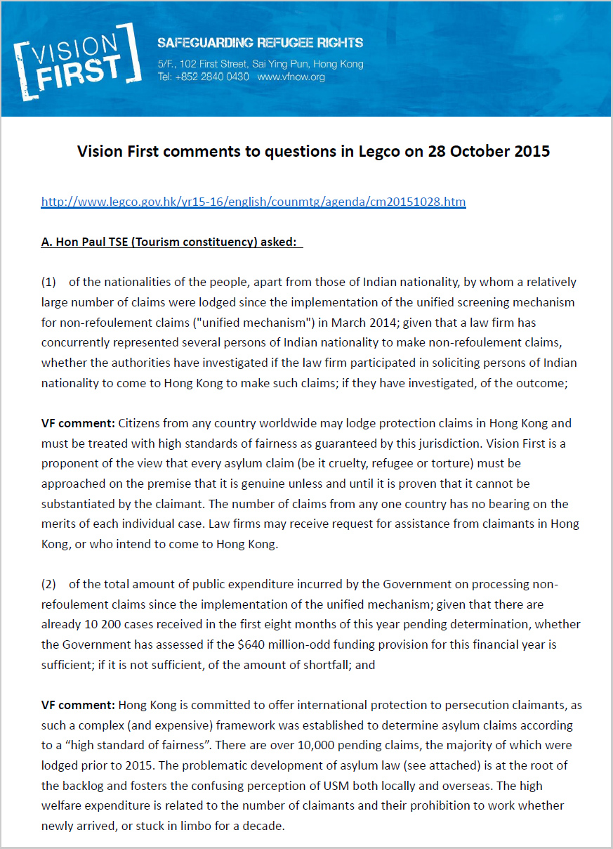 VF comments to Legco questions on 28 Oct 2015