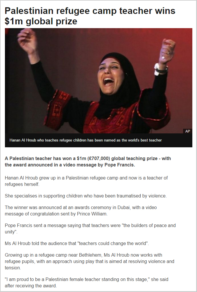 BBC - Palestinian refugee camp teacher wins $1m global prize