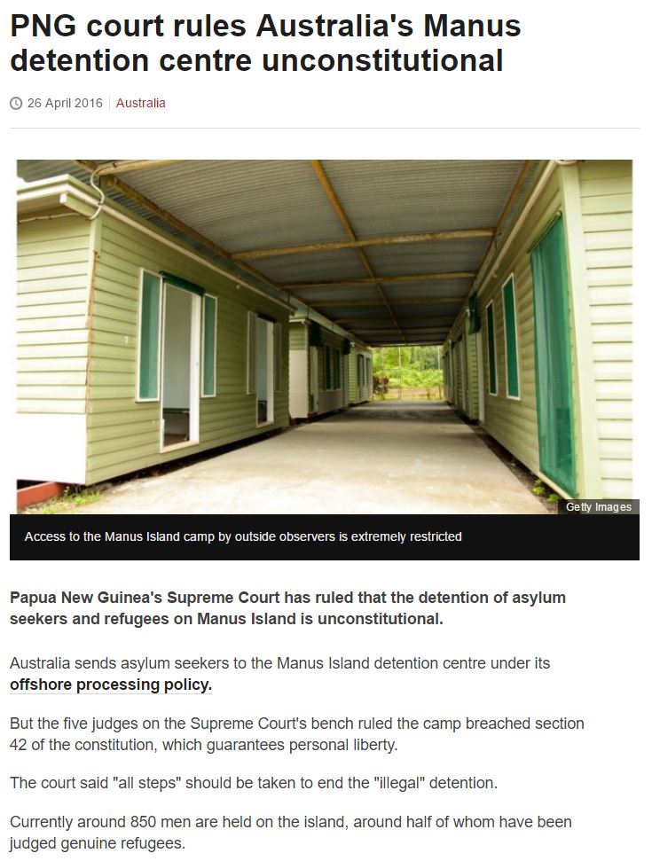 BBC - Court rules Australia's Manus detention centre unconstitutional