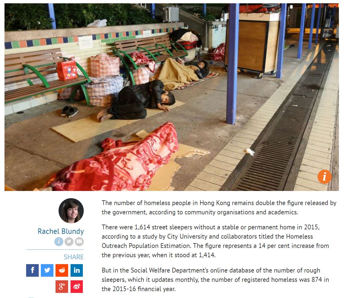 SCMP - Number of rough sleepers in Hong Kong remains double the government estimate - 18Feb2017