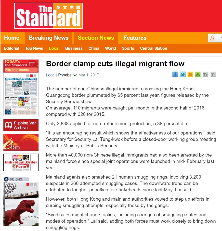 Standard - Border clamp cuts illegal migrant flow - 1Mar2017