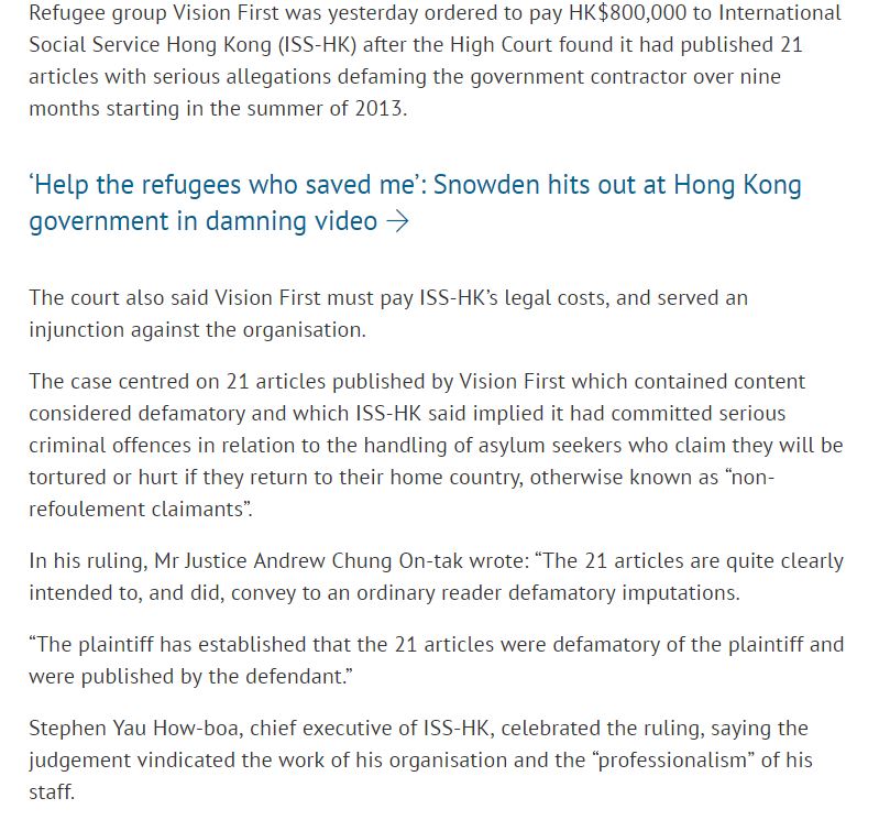 SCMP - Hong Kong government contractor wins defamation case against refugee charity - 25Jun2017
